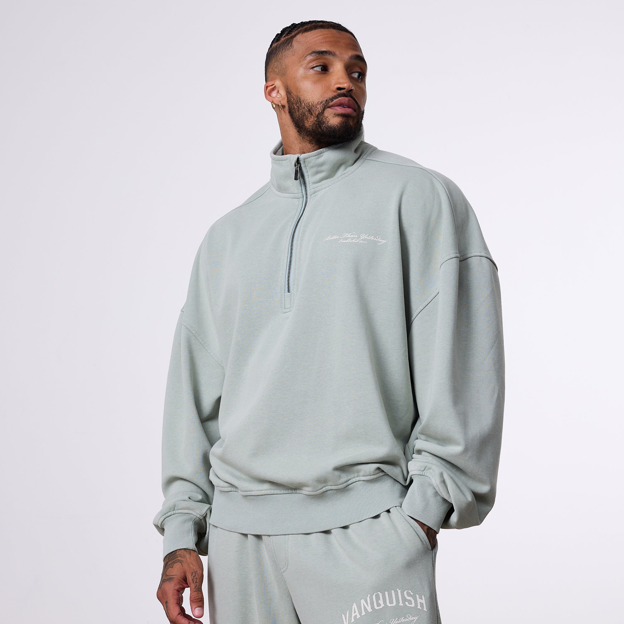 Vanquish Better Than Yesterday Washed Green Quarter Zip Sweater