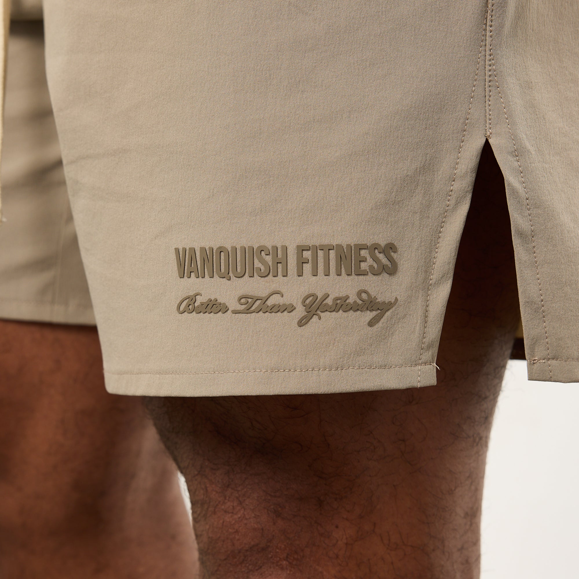 Vanquish – Sandfarbene Shorts mit Signaturmuster