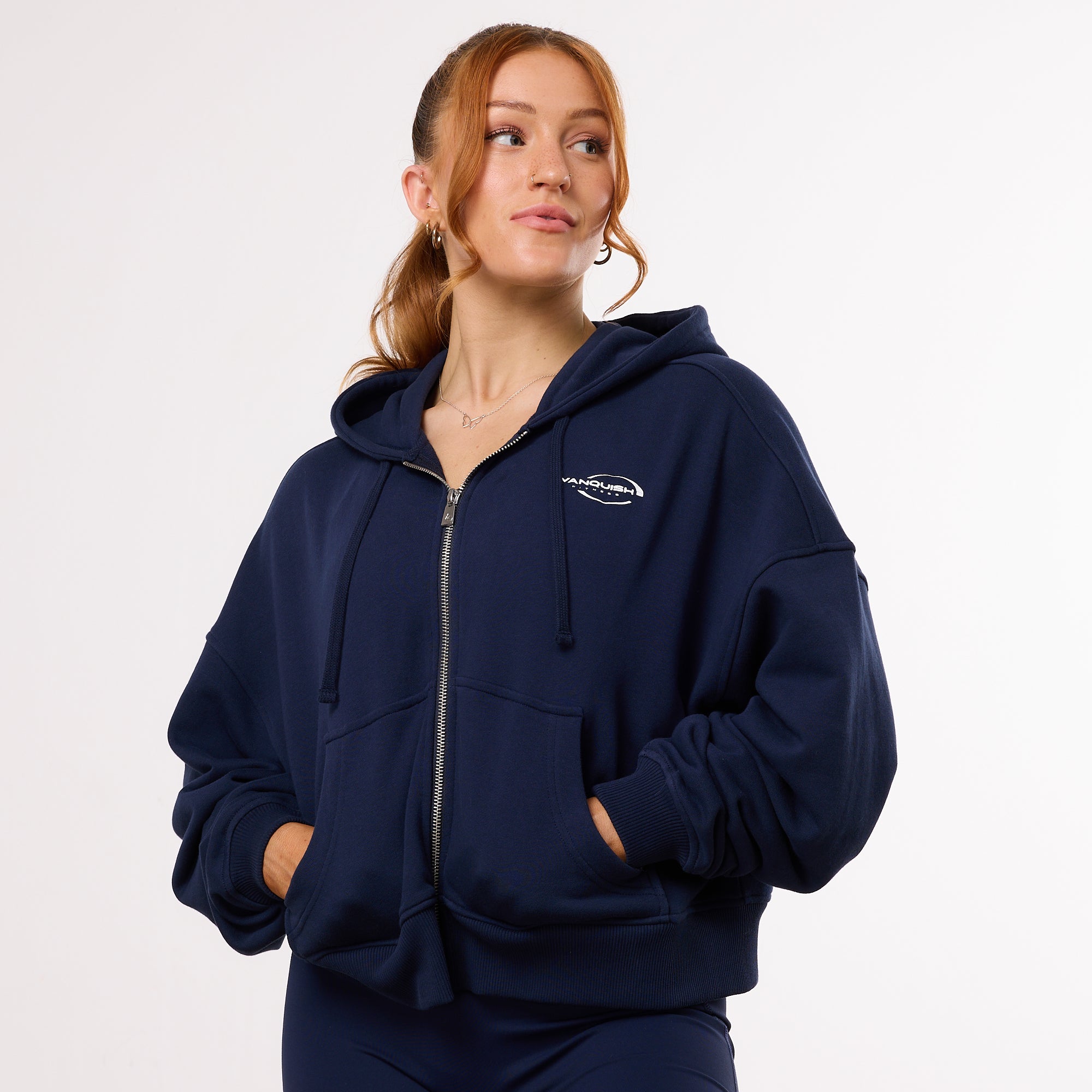 Vanquish Enhance Navy Blue Cropped Zip Through Hoodie